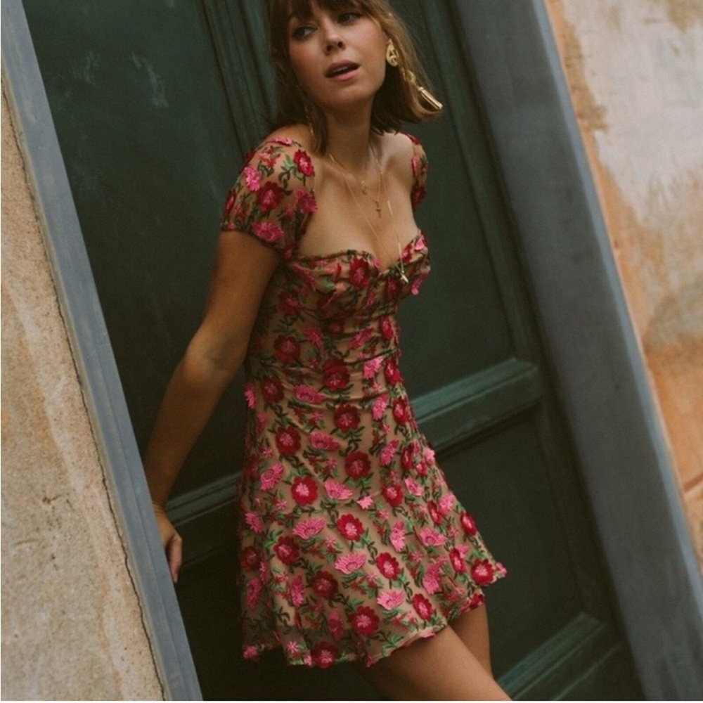 For Love & Lemons Amelia Floral Off Shoulder Mesh Fabric Party Mini Dress XS